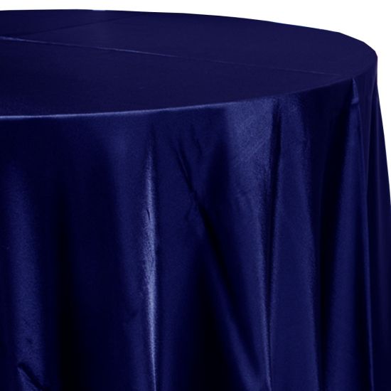 navy blue satin round event tablecloth linen with lustrous smooth fabric for weddings, parties, banquets and special occasion décor rentals