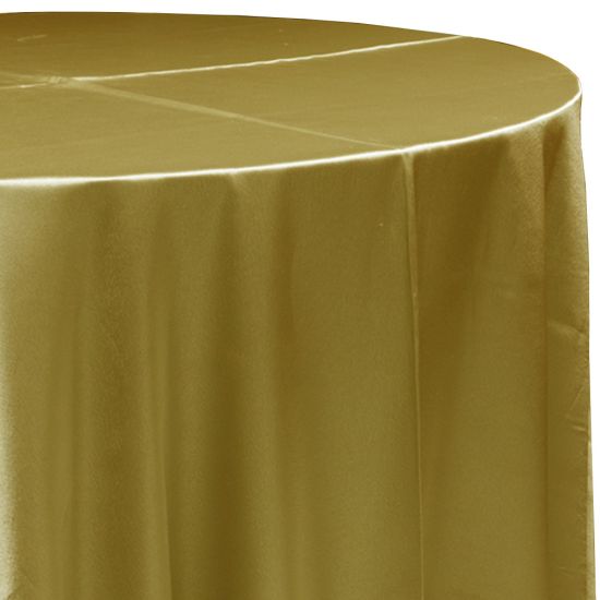 nugget gold satin round event tablecloth linen with lustrous smooth fabric for weddings, parties, banquets and special occasion décor rentals