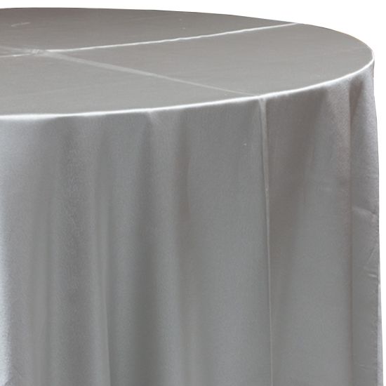 platinum gray satin round event tablecloth linen with lustrous smooth fabric for weddings, parties, banquets and special occasion décor rentals