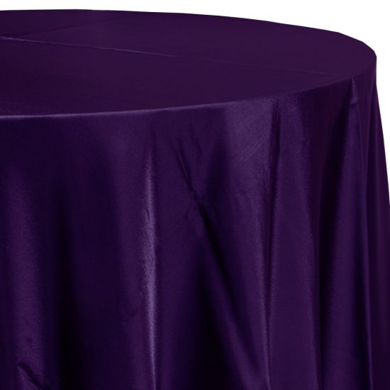plum purple satin round event tablecloth linen with lustrous smooth fabric for weddings, parties, banquets and special occasion décor rentals