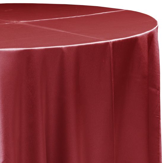 red satin round event tablecloth linen with lustrous smooth fabric for weddings, parties, banquets and special occasion décor rentals