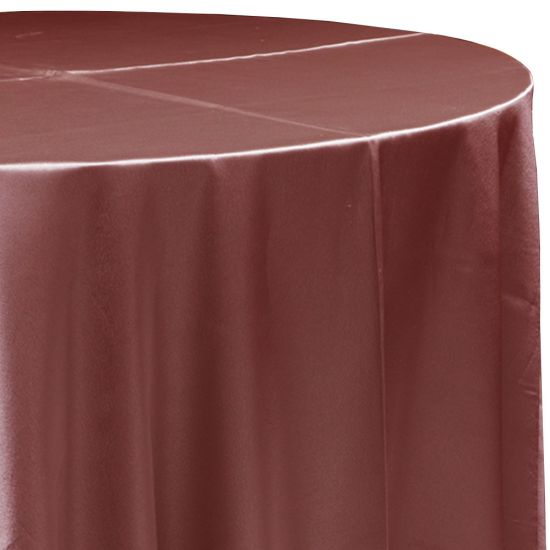 redwood satin round event tablecloth linen with lustrous smooth fabric for weddings, parties, banquets and special occasion décor rentals