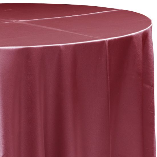 rhubarb red-pink satin round event tablecloth linen with lustrous smooth fabric for weddings, parties, banquets and special occasion décor rentals