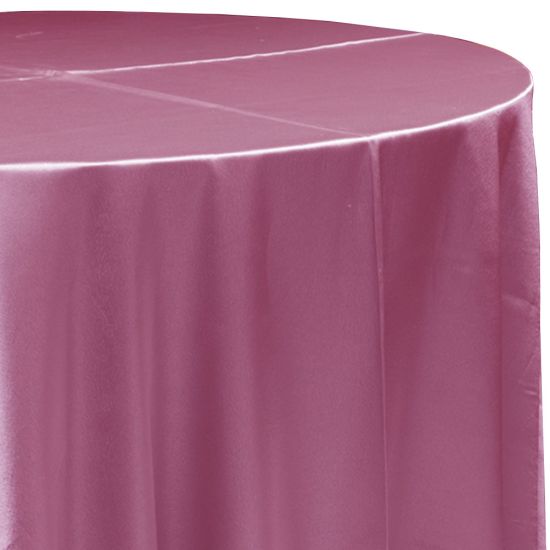 rose pink satin round event tablecloth linen with lustrous smooth fabric for weddings, showers, parties and special occasion décor rentals