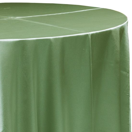 sage green satin round event tablecloth linen with lustrous smooth fabric for weddings, parties, banquets and special occasion décor rentals