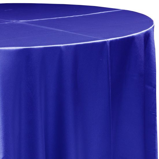 sapphire blue satin round event tablecloth linen with lustrous smooth fabric for weddings, parties, banquets and special occasion décor rentals