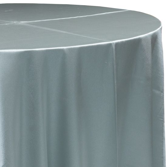 sea foam green-blue satin round event tablecloth linen with lustrous smooth fabric for weddings, showers, parties and special occasion décor rentals