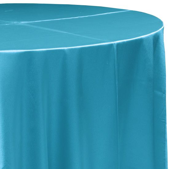 turquoise satin round event tablecloth linen with lustrous smooth fabric for weddings, parties, banquets and special occasion décor rentals