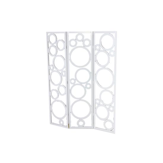 White bubbles screen with layered circular cutout pattern on folding panels, modern room divider backdrop for weddings and event décor.