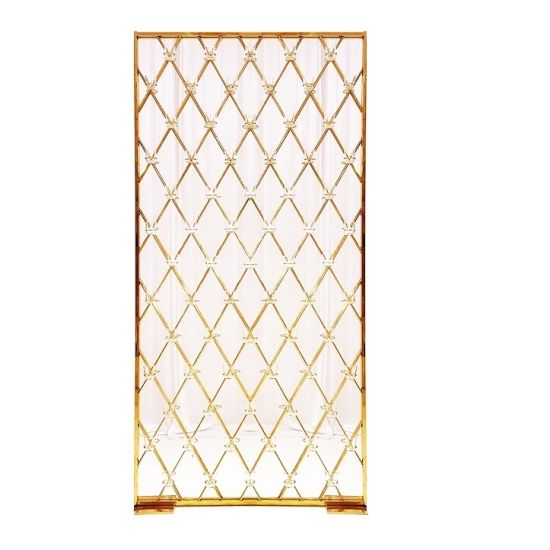 Gold candle wall backdrop with diamond lattice grid and freestanding base, elegant wedding decor display for candles and event styling.