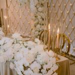 Gold candle wall backdrop with diamond lattice grid and freestanding base, elegant wedding decor display for candles and event styling.