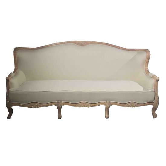 Vintage sofa with taupe upholstery and ornate carved wood frame, classic lounge seating for weddings, photoshoots, and events.