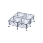 Clear acrylic stage platform 2x4 with metal truss base, modular riser for events, runway staging, and performances.