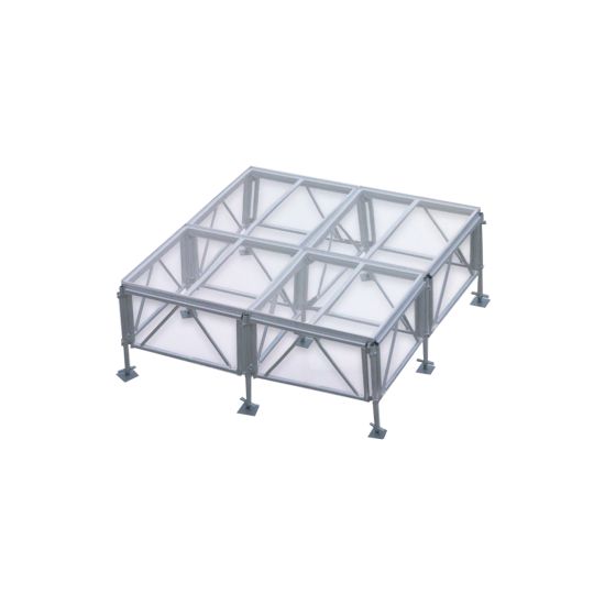 Clear acrylic stage platform 2x4 with metal truss base, modular riser for events, runway staging, and performances.