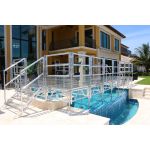 Clear acrylic stage platform 2x4 with metal truss base, modular riser for events, runway staging, and performances.