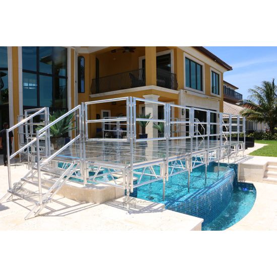 Clear acrylic stage platform 2x4 with metal truss base, modular riser for events, runway staging, and performances.