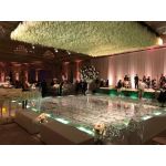 Clear acrylic stage platform 2x4 with metal truss base, modular riser for events, runway staging, and performances.
