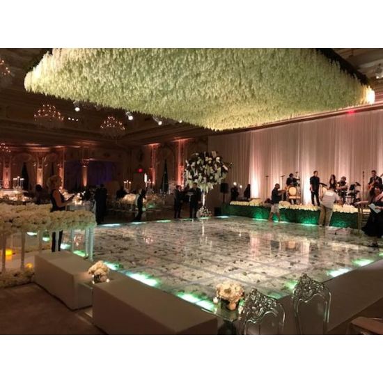 Clear acrylic stage platform 2x4 with metal truss base, modular riser for events, runway staging, and performances.