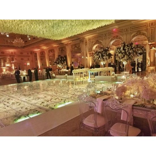 Clear acrylic stage platform 2x4 with metal truss base, modular riser for events, runway staging, and performances.