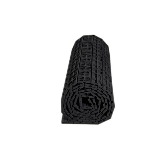 Rolled black subfloor mat with textured surface, portable roll-up flooring base for outdoor events, tents, and temporary dance floors.