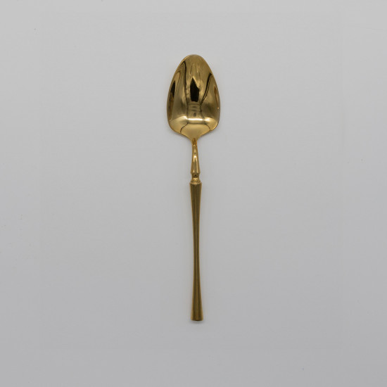 Shiny gold dinner spoon with classic slim handle, chic disposable flatware set of 10 for catered events, weddings, and elegant table décor.
