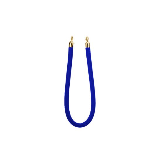 Blue velvet stanchion rope with gold end clasps, crowd control rope accessory for event entrances, VIP lines, and venue décor.
