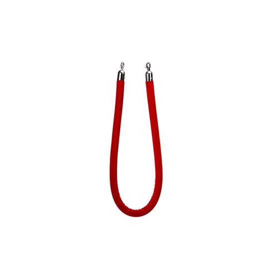 Red velvet stanchion rope with metal end clasps, classic crowd control rope accessory for red carpet entrances and VIP event lines.