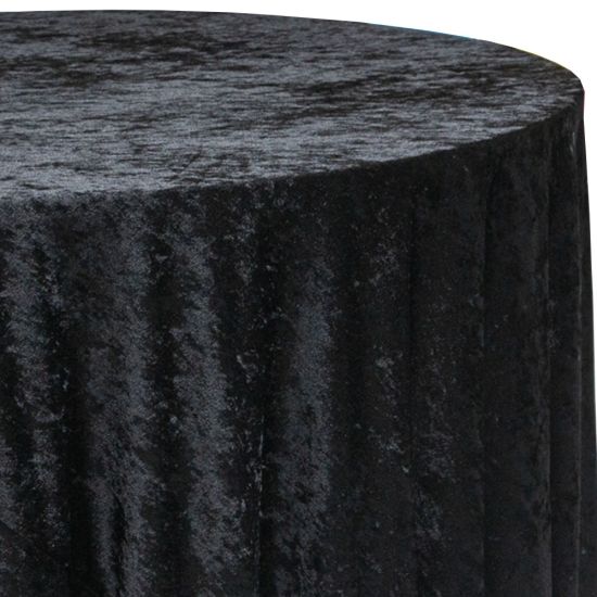 black velour round event tablecloth linen with plush textured fabric for weddings, parties, galas and special occasion décor rentals