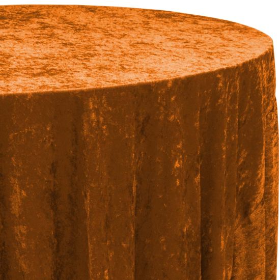 orange velour round event tablecloth linen with plush textured fabric for weddings, parties, galas and special occasion décor rentals