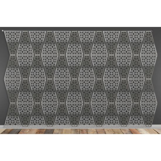 Silver laser-cut wall panel with repeating target-style geometric pattern, modern event backdrop wall for weddings and photo ops.